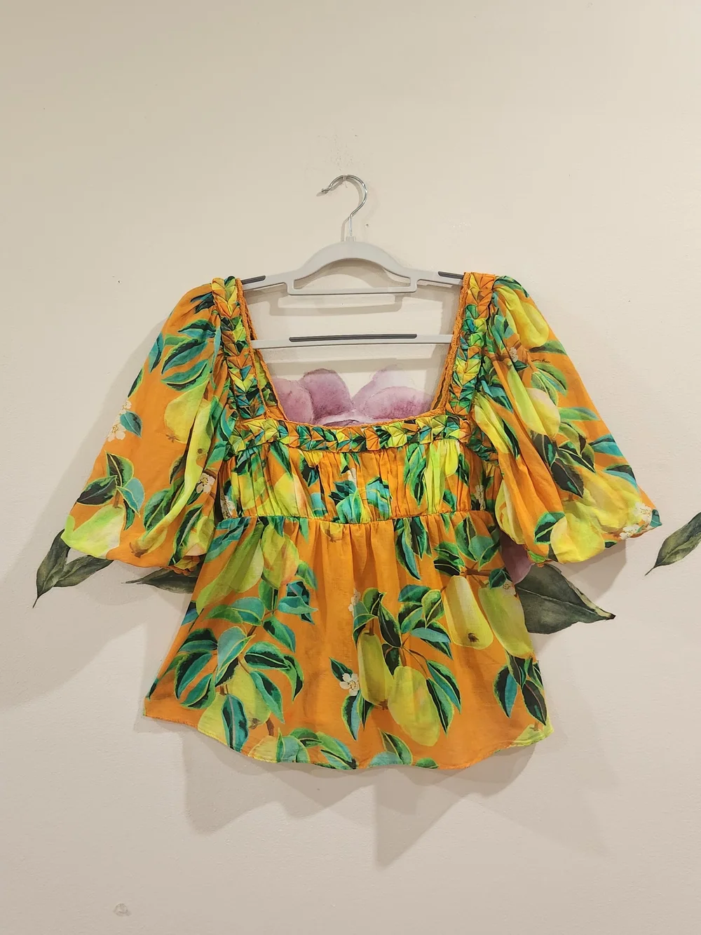 Orange Lemon-Print Peasant Blouse Farm Rio  - Womens Size Xs